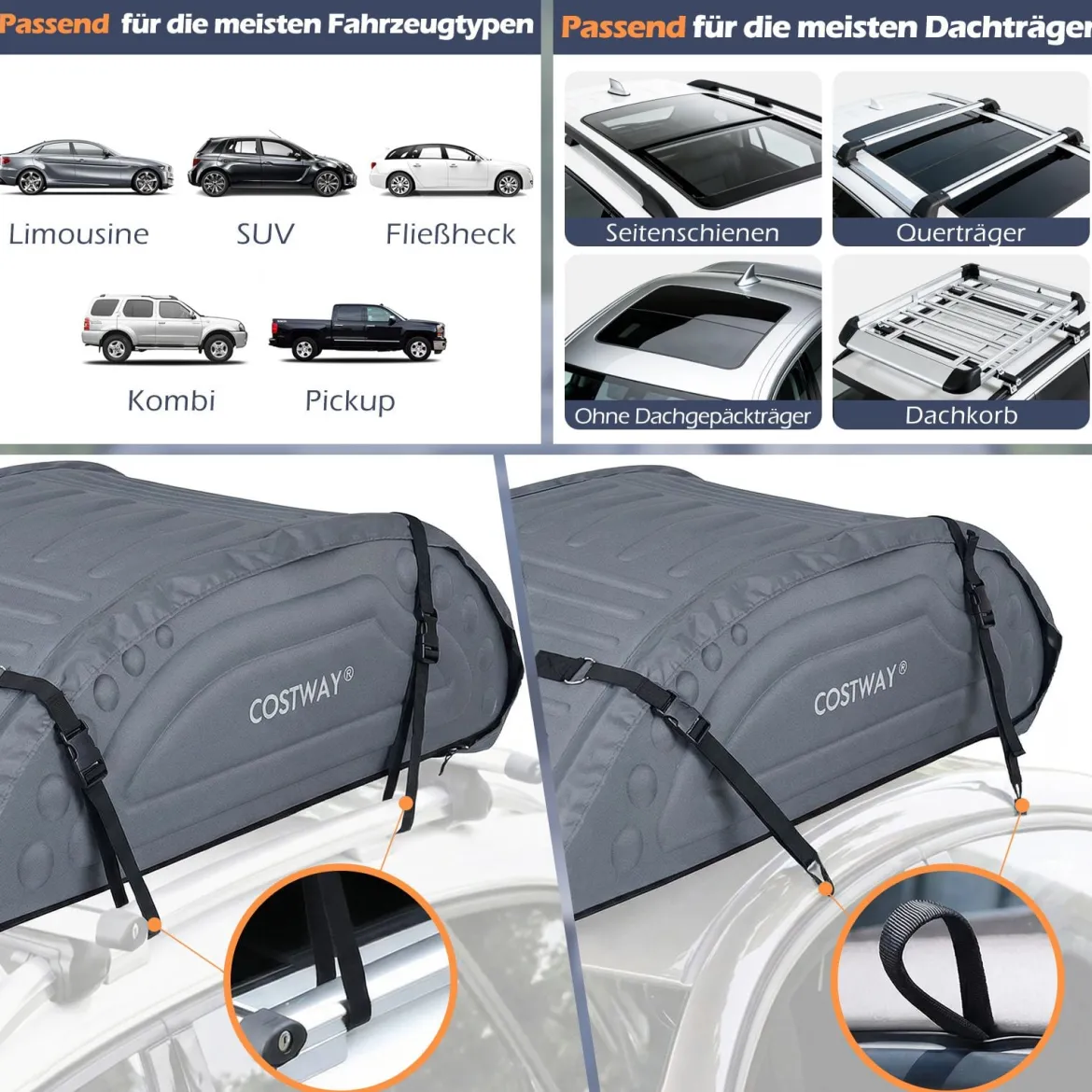 Dach-Box mit 400 Liter Kapazität Wetterbeständiger Dachkoffer mit Soft-Shell Verkleidung Grau