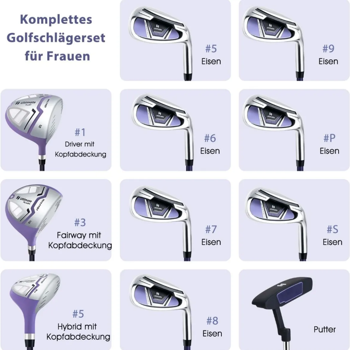 Damen Golfschläger Set 11 teilige Golfschlägersätze rechtshändig mit Regenhaube Lila