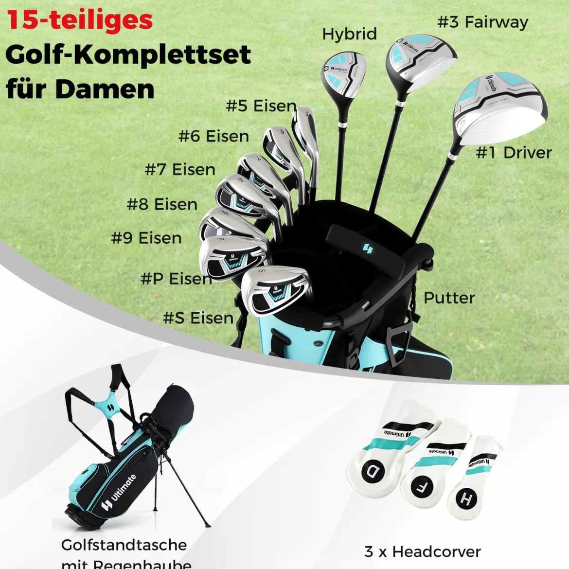 Damen Komplett Golfschläger Set 15 Teilges Golf Set Rechtshänder mitGolftasche & Regenhaube Grün