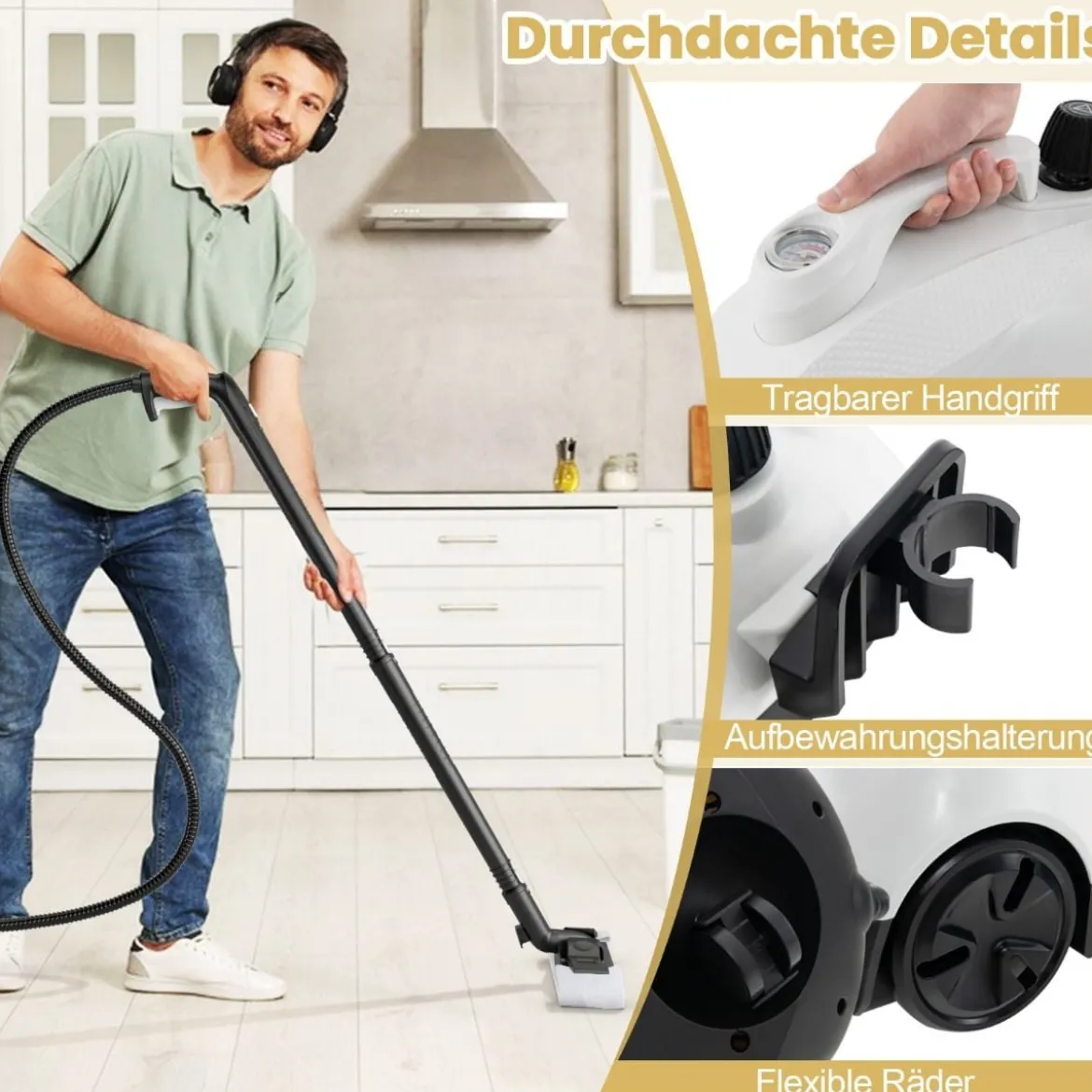 Dampfreiniger 2000W Dampfdruck: 5 bar Tank: 1,8L Temperatur: bis zu 160℃ Gelb/Weiß