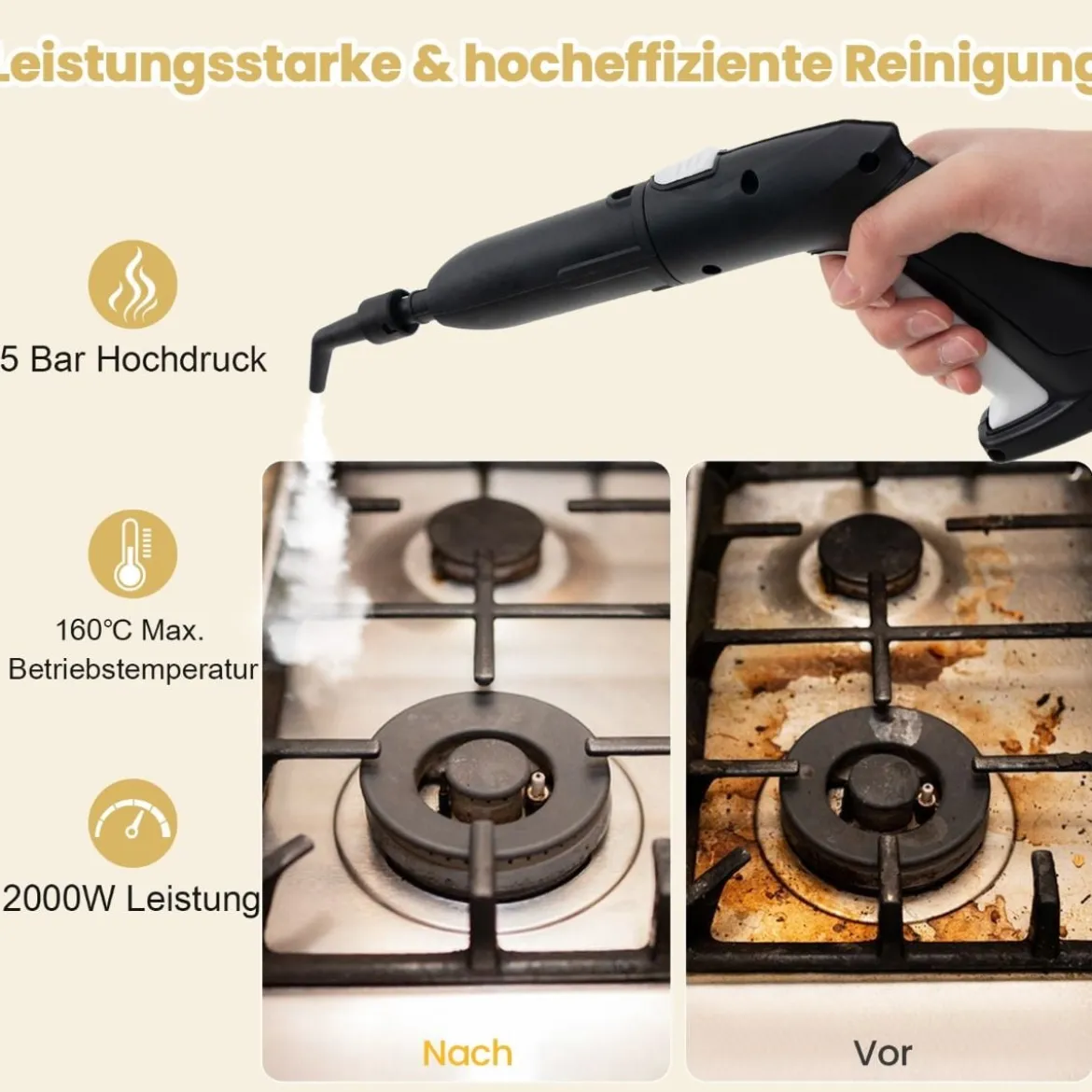 Dampfreiniger 2000W Dampfdruck: 5 bar Tank: 1,8L Temperatur: bis zu 160℃ Gelb/Weiß