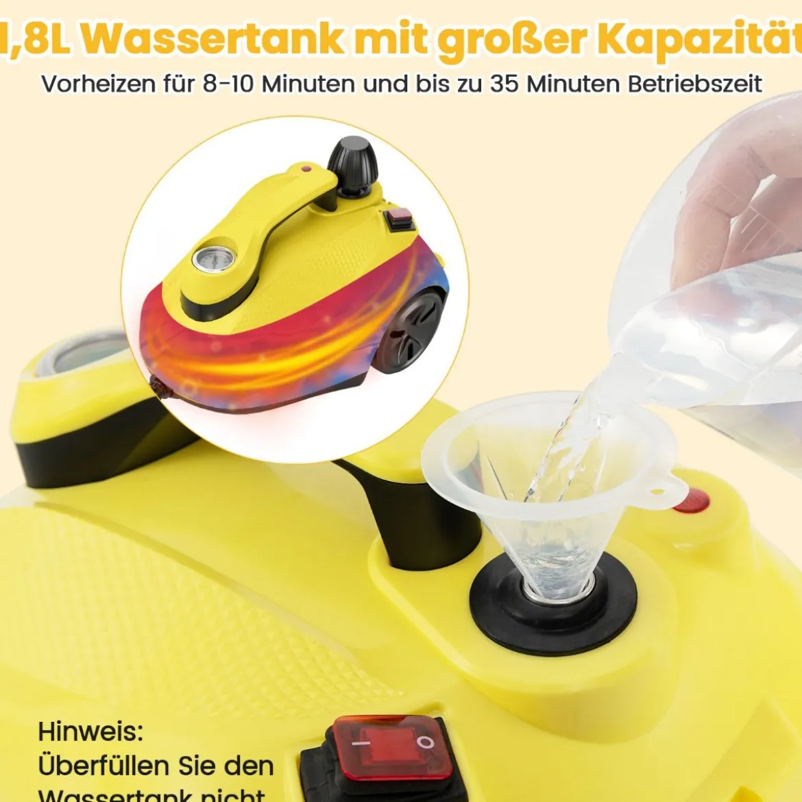 Dampfreiniger 2000W Dampfdruck: 5 bar Tank: 1,8L Temperatur: bis zu 160℃ Gelb/Weiß