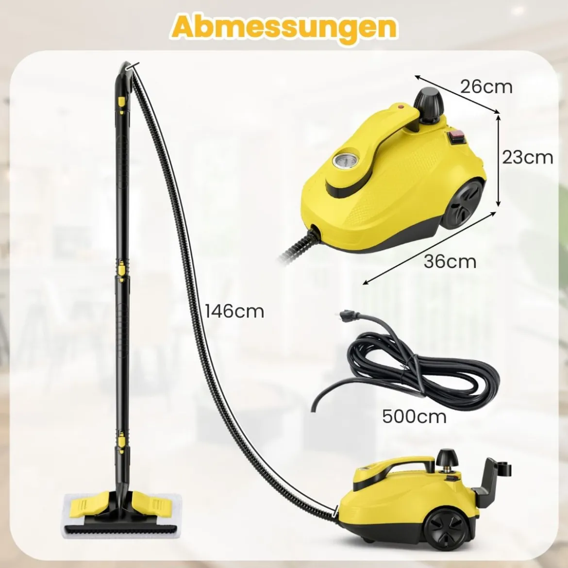 Dampfreiniger 2000W Dampfdruck: 5 bar Tank: 1,8L Temperatur: bis zu 160℃ Gelb/Weiß