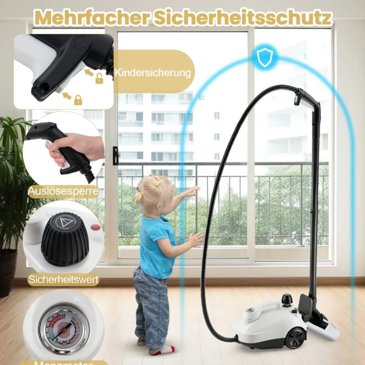 Dampfreiniger 2000W Dampfdruck: 5 bar Tank: 1,8L Temperatur: bis zu 160℃ Gelb/Weiß