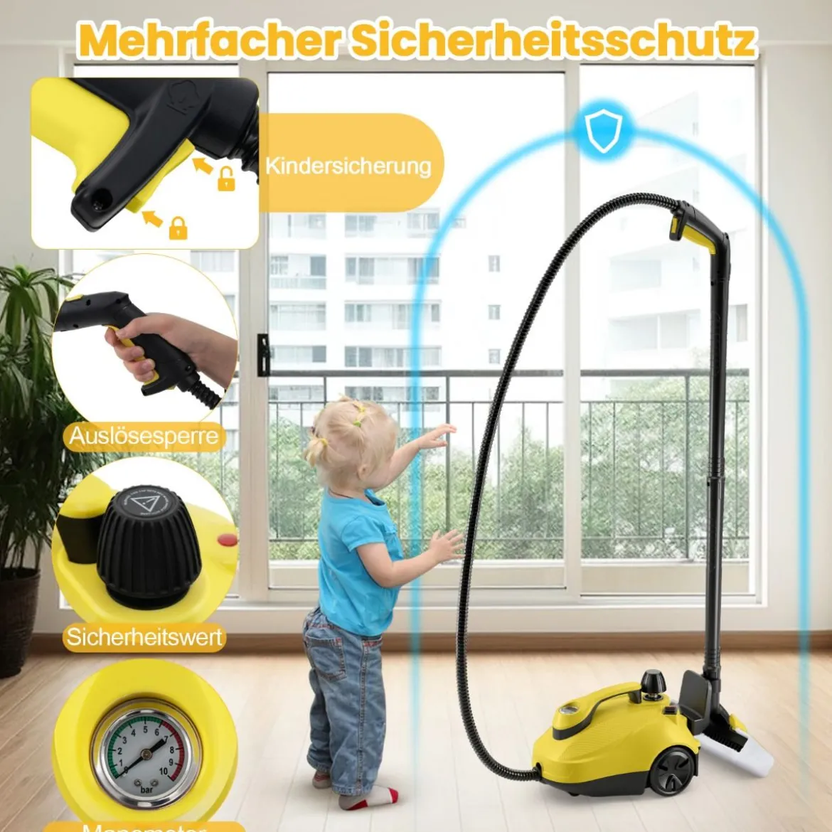 Dampfreiniger 2000W Dampfdruck: 5 bar Tank: 1,8L Temperatur: bis zu 160℃ Gelb/Weiß