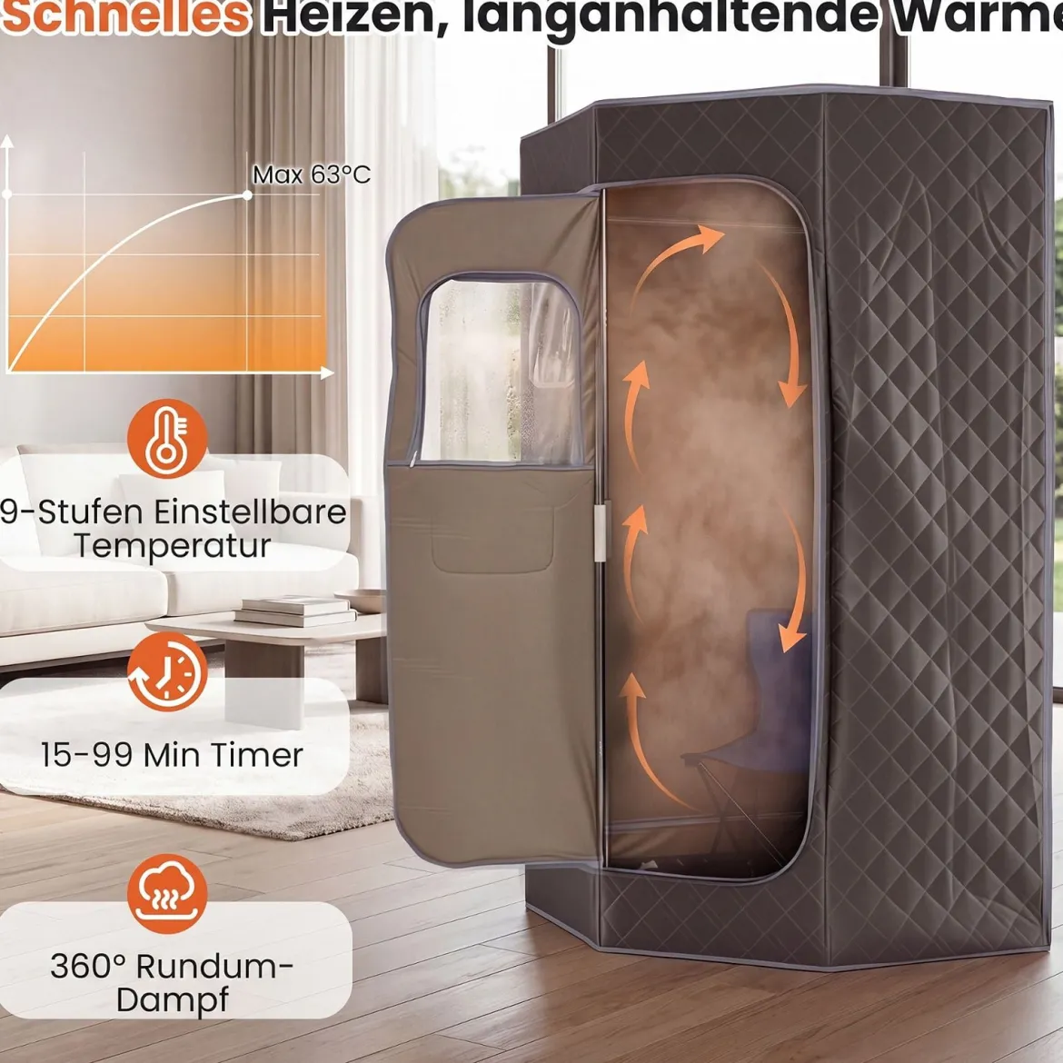 Dampfsauna Tragbar Heimsauna mit 9 Temperaturstufen Saunazelt mit Fernbedienung & Timer Grau