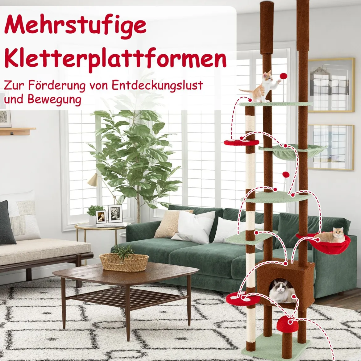 Deckenhoch Pilz Kratzbaum mit Hängekorb & Sisal-Kratzpfosten & Ball Kletterbaum Katzenbaum
