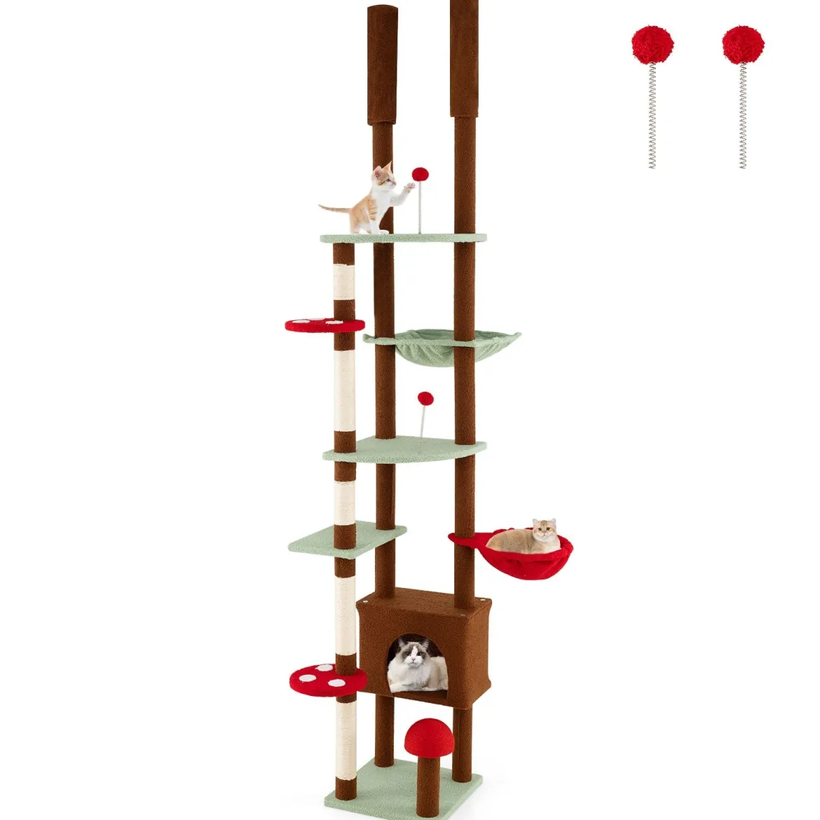 Deckenhoch Pilz Kratzbaum mit Hängekorb & Sisal-Kratzpfosten & Ball Kletterbaum Katzenbaum