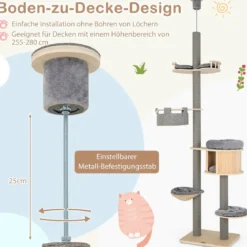 Deckenhoher Kratzbaum mit Katzenhöhle & Hängematte & 255–280 cm Verstellbarer Höhe Katzenturm