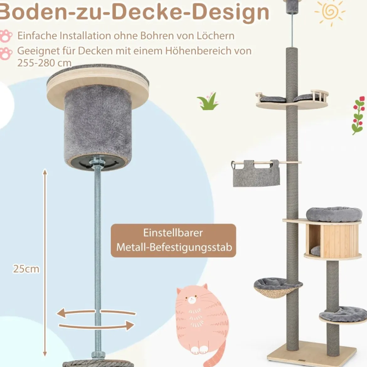 Deckenhoher Kratzbaum mit Katzenhöhle & Hängematte & 255–280 cm Verstellbarer Höhe Katzenturm