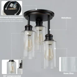 Deckenleuchte 3 flamming Glas Deckenlampe modern Lampe Vintage mit halboffenen Glasschirmen für Küche Esszimmer
