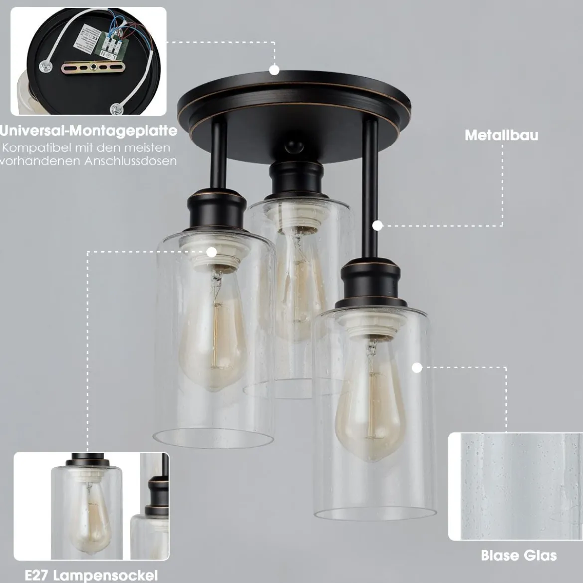 Deckenleuchte 3 flamming Glas Deckenlampe modern Lampe Vintage mit halboffenen Glasschirmen für Küche Esszimmer