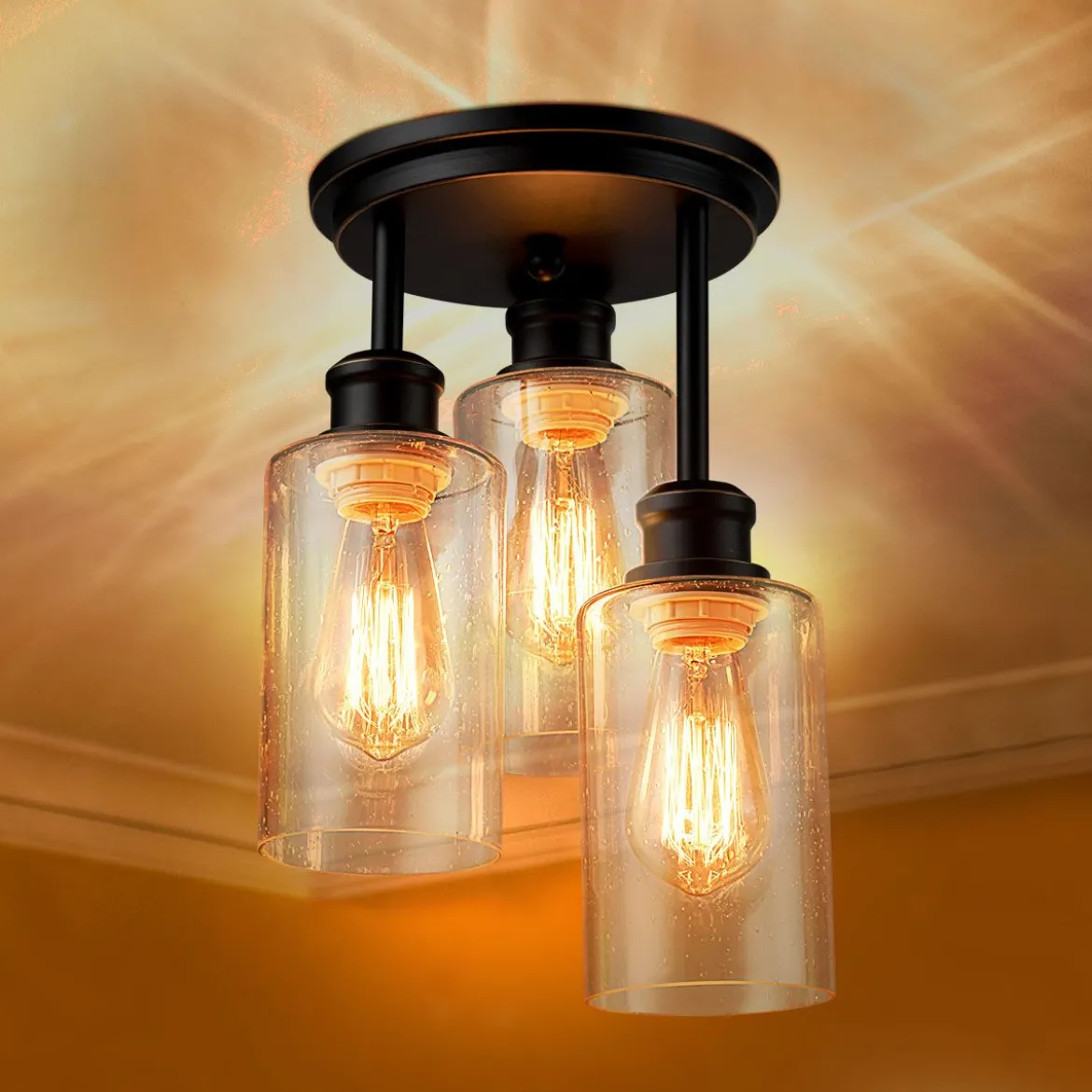 Deckenleuchte 3 flamming Glas Deckenlampe modern Lampe Vintage mit halboffenen Glasschirmen für Küche Esszimmer