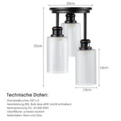 Deckenleuchte 3 flamming Glas Deckenlampe modern Lampe Vintage mit halboffenen Glasschirmen für Küche Esszimmer
