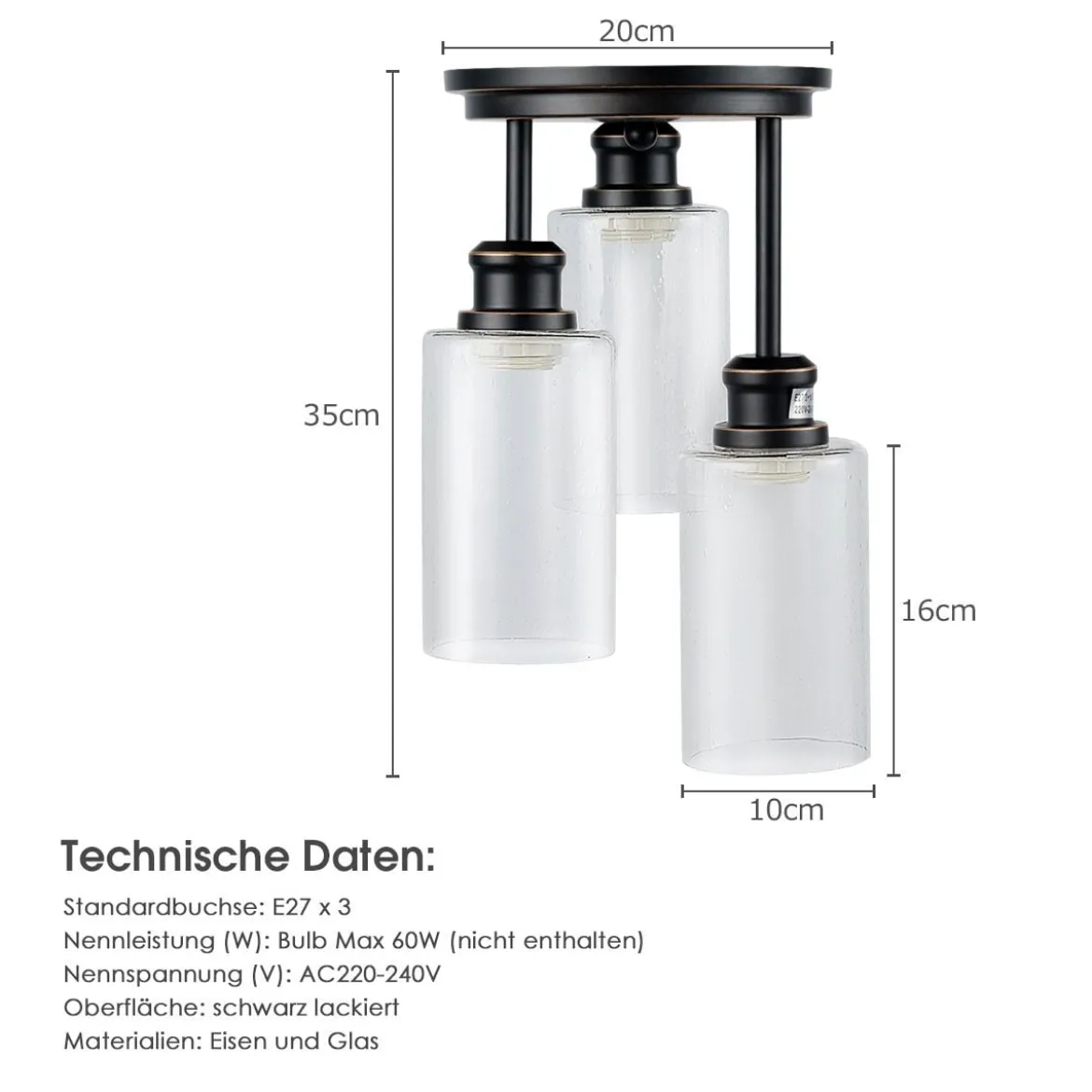 Deckenleuchte 3 flamming Glas Deckenlampe modern Lampe Vintage mit halboffenen Glasschirmen für Küche Esszimmer
