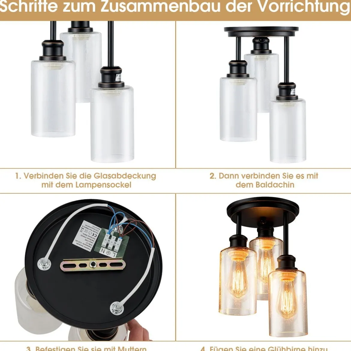 Deckenleuchte 3 flamming Glas Deckenlampe modern Lampe Vintage mit halboffenen Glasschirmen für Küche Esszimmer