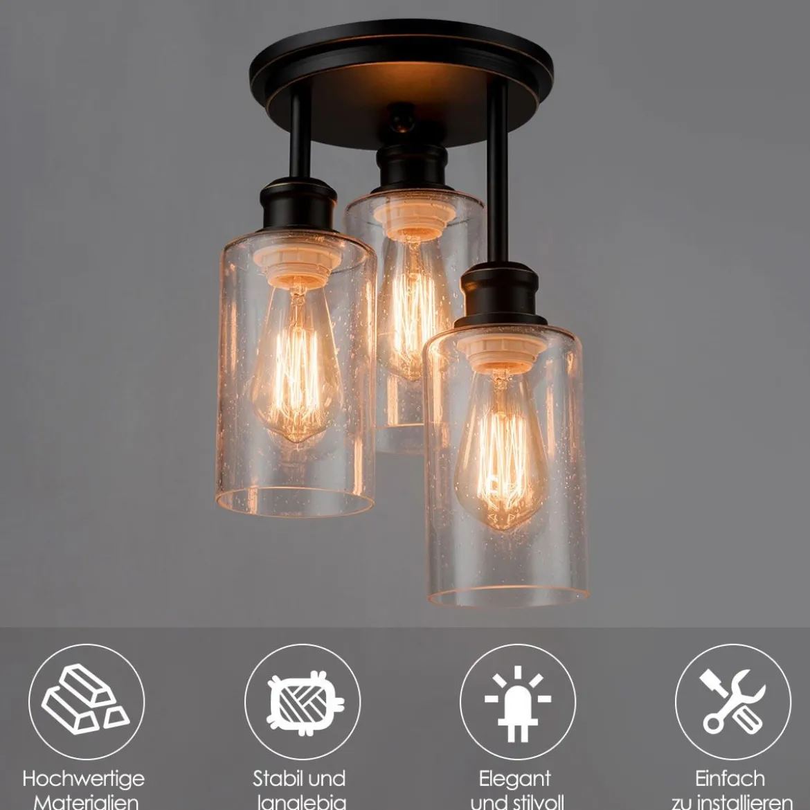 Deckenleuchte 3 flamming Glas Deckenlampe modern Lampe Vintage mit halboffenen Glasschirmen für Küche Esszimmer