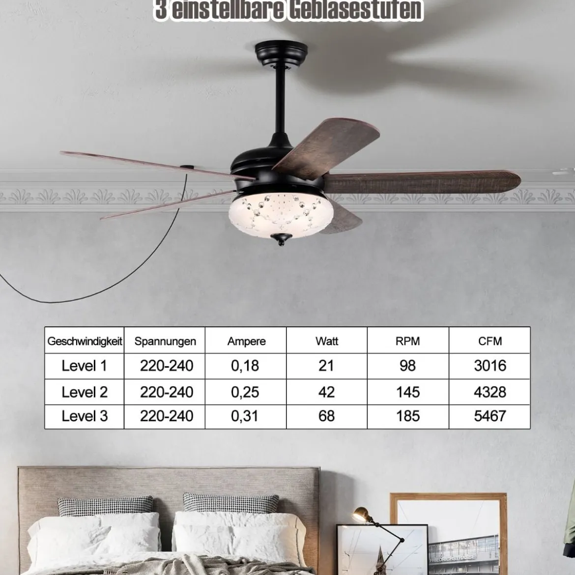 Deckenventilator mit Fernbedienung 132 cm Durchmesser Deckenlüfter mit 2 Stäben Schwarz