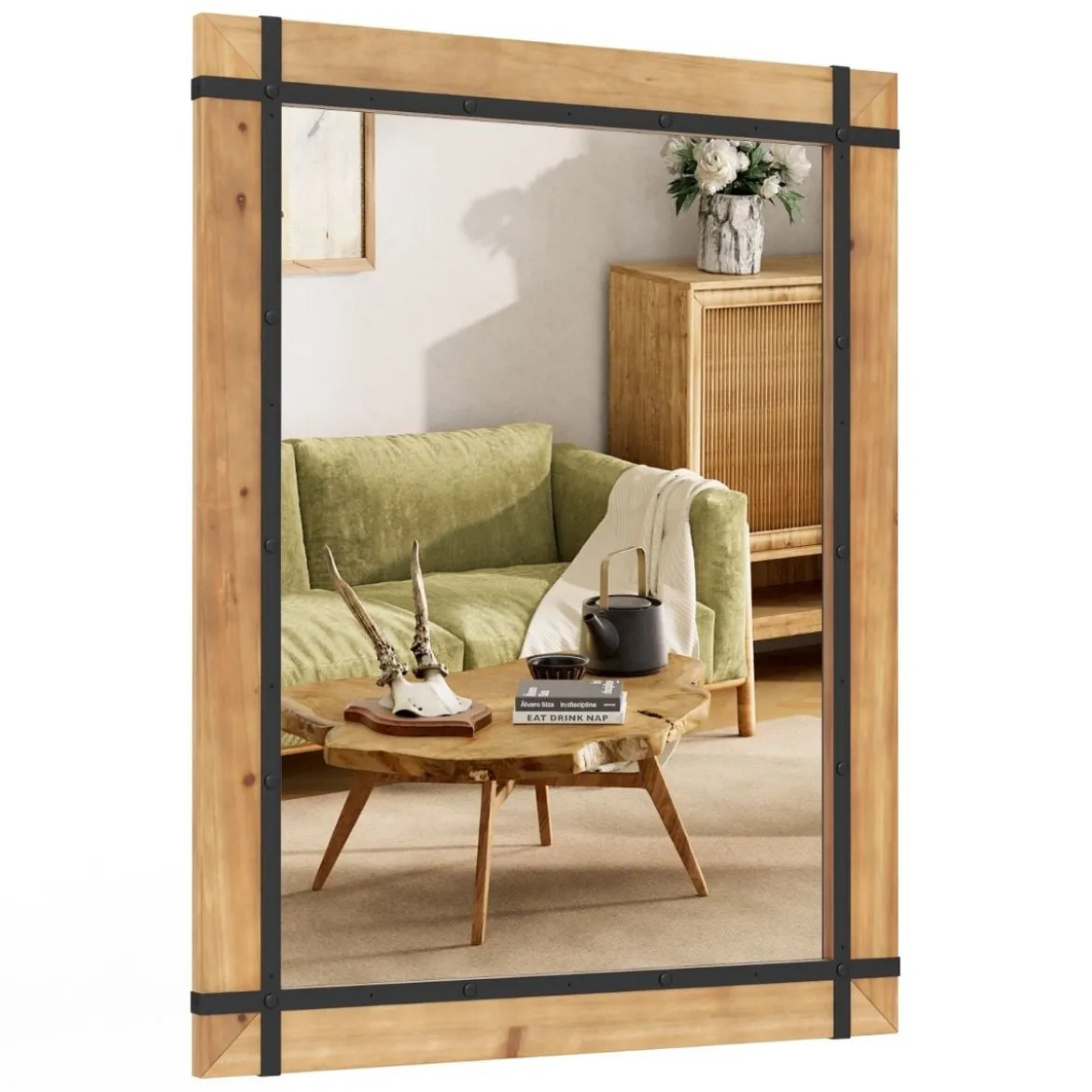 Dekorativer hängender Wandspiegel Spiegel zur Wandmontage Bauernhausstil 77 x 99,5 cm Natur