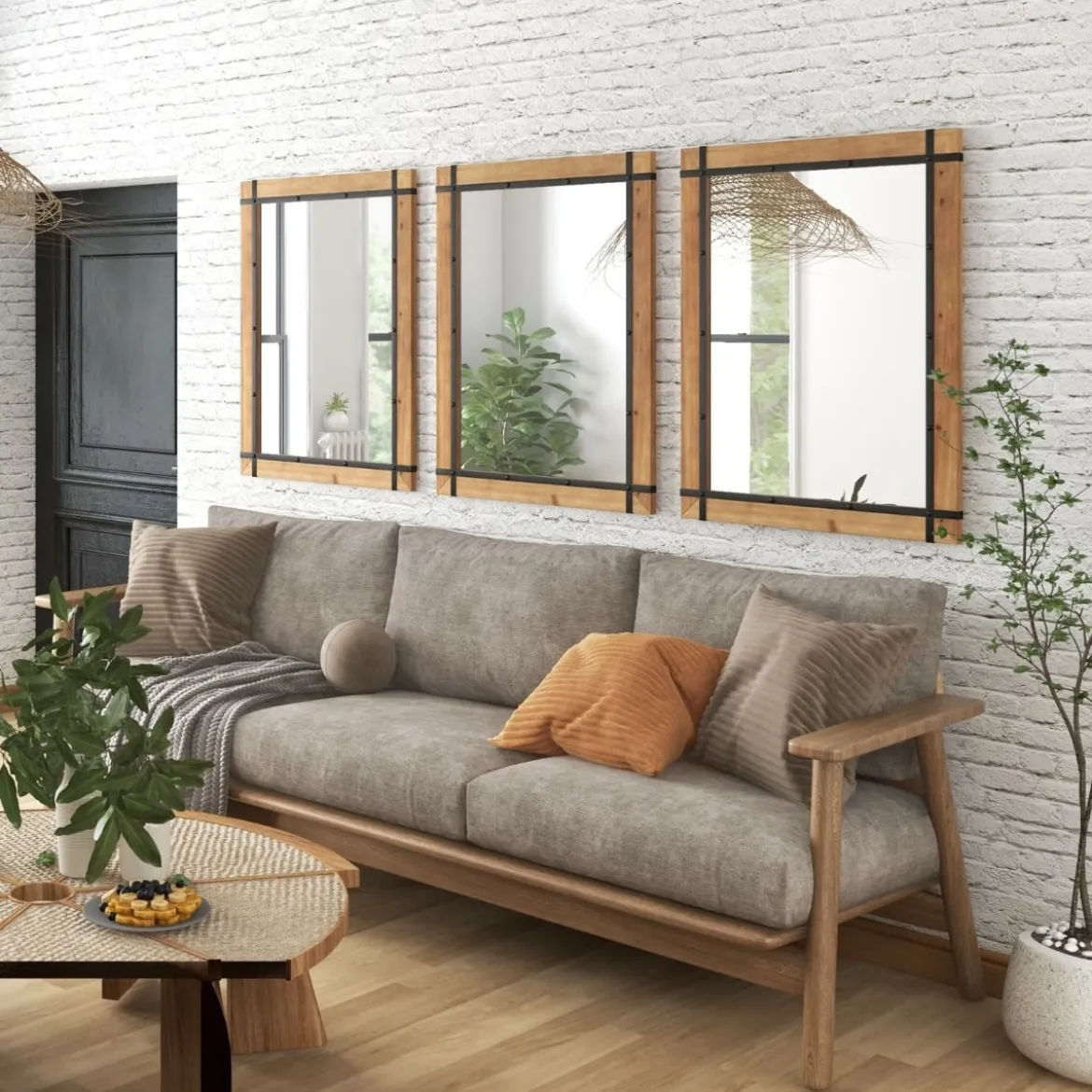 Dekorativer hängender Wandspiegel Spiegel zur Wandmontage Bauernhausstil 77 x 99,5 cm Natur