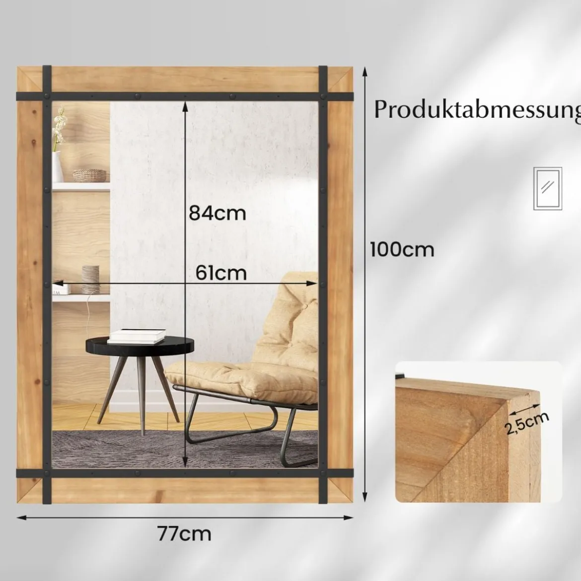 Dekorativer hängender Wandspiegel Spiegel zur Wandmontage Bauernhausstil 77 x 99,5 cm Natur