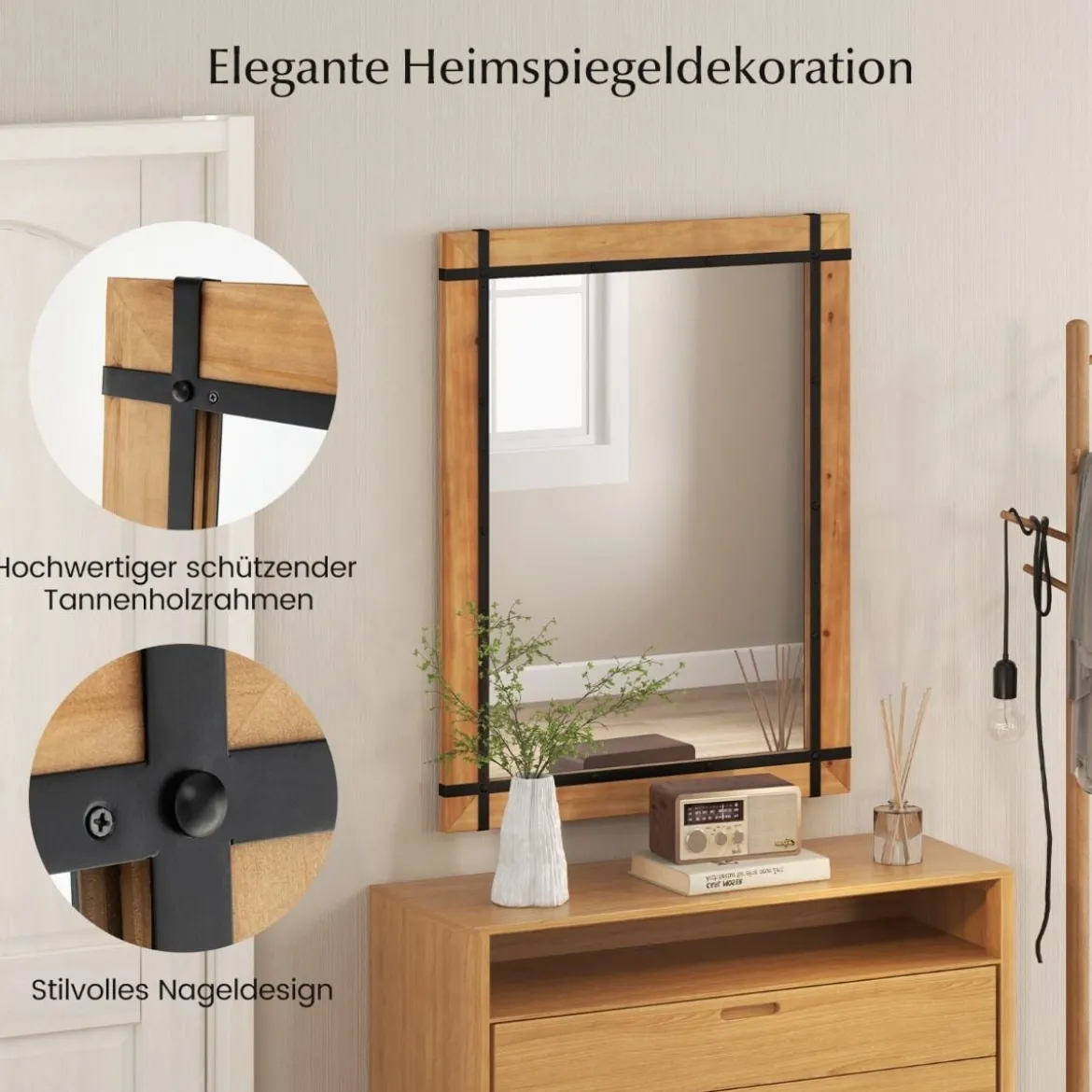 Dekorativer hängender Wandspiegel Spiegel zur Wandmontage Bauernhausstil 77 x 99,5 cm Natur