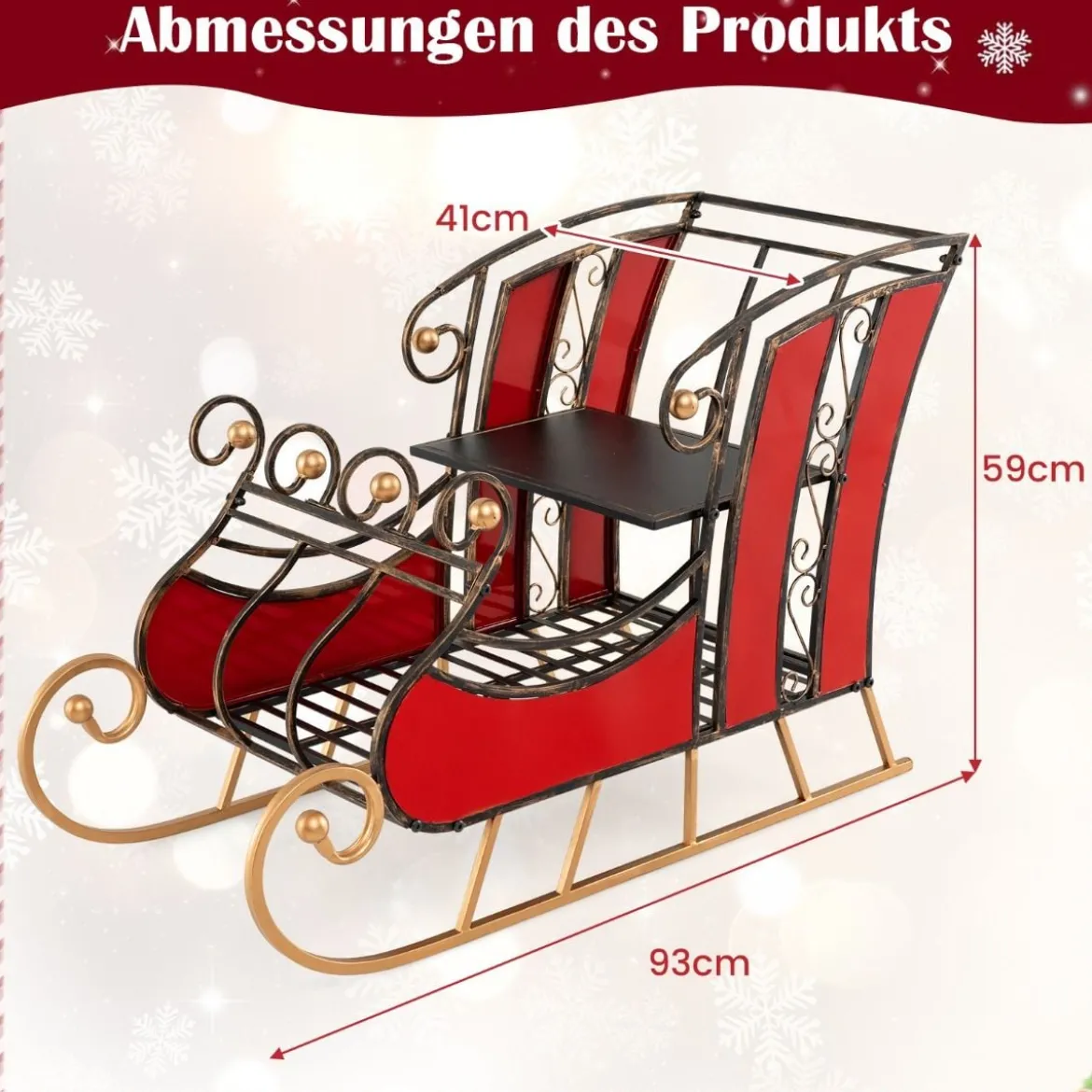Deko Schlitten aus Metall Weihnachtsschlitten für Weihnachten 93 x 41 x 59 cm Rot