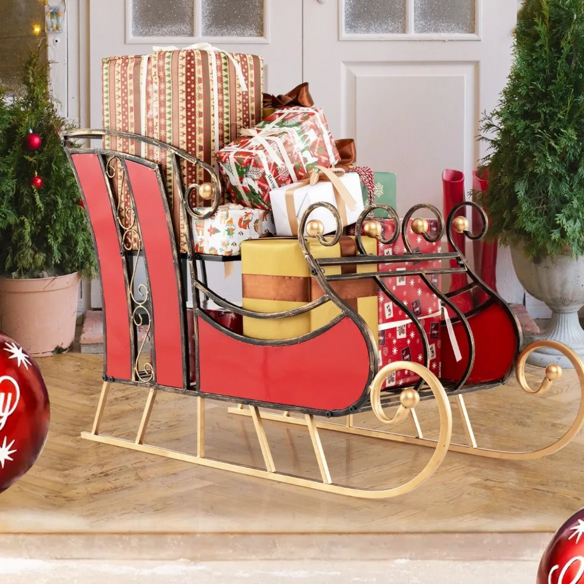Deko Schlitten aus Metall Weihnachtsschlitten für Weihnachten 93 x 41 x 59 cm Rot