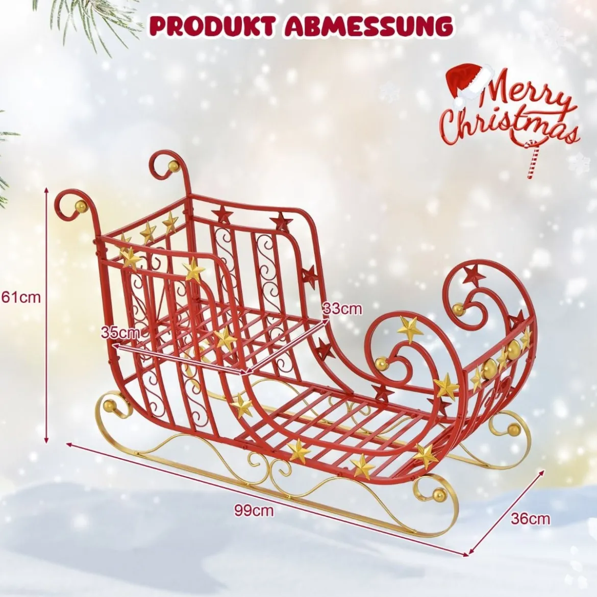 Deko Schlitten für Weihnachten Metallschlitten Weihnachtsdeko 99 x 36 x 61 cm Rot