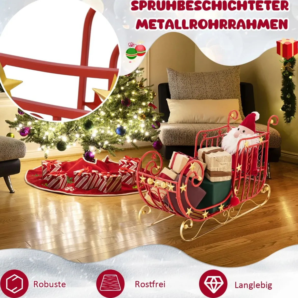 Deko Schlitten für Weihnachten Metallschlitten Weihnachtsdeko 99 x 36 x 61 cm Rot