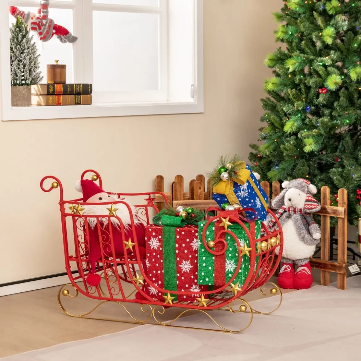 Deko Schlitten für Weihnachten Metallschlitten Weihnachtsdeko 99 x 36 x 61 cm Rot