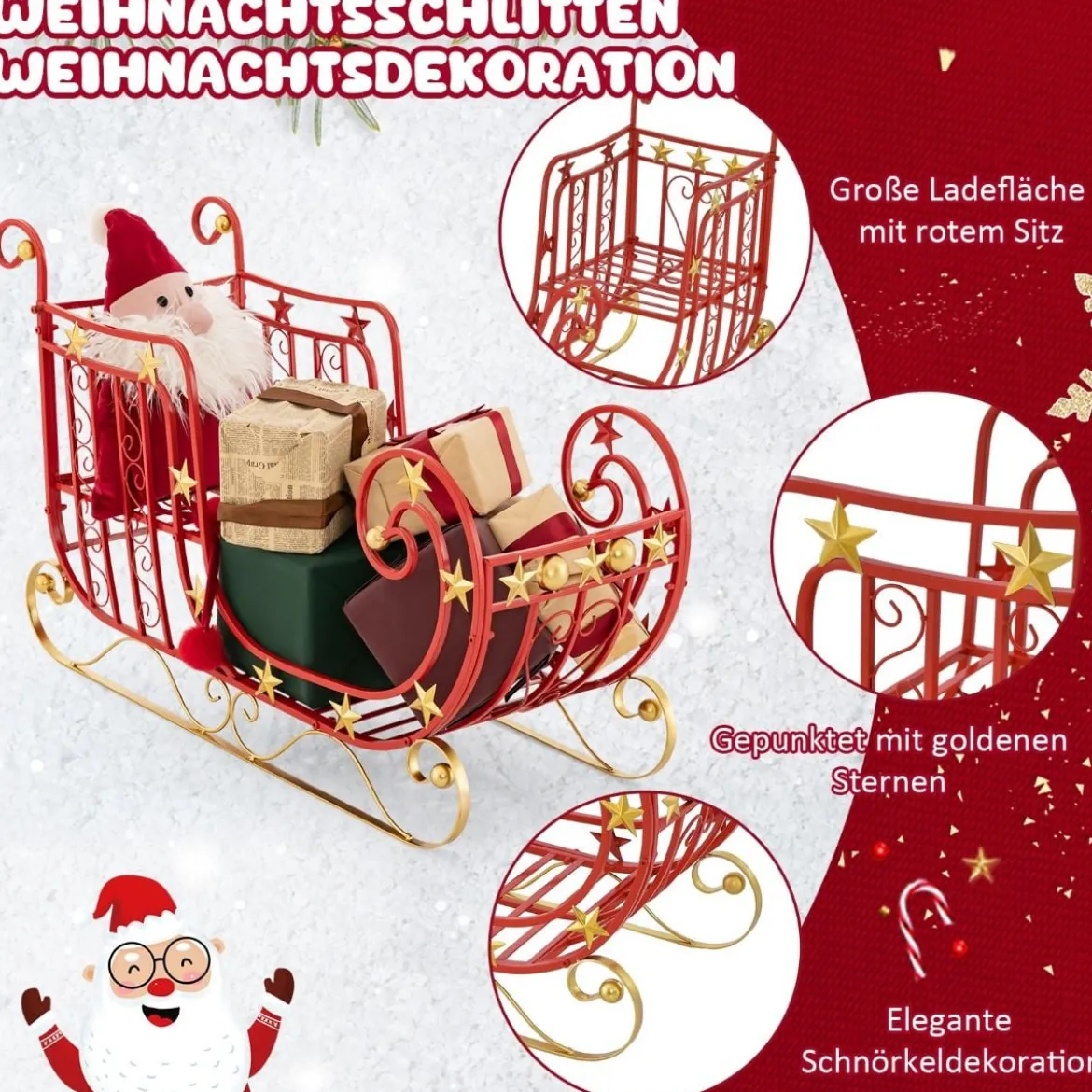 Deko Schlitten für Weihnachten Metallschlitten Weihnachtsdeko 99 x 36 x 61 cm Rot