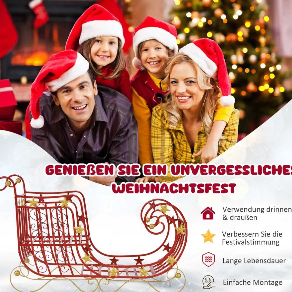 Deko Schlitten für Weihnachten Metallschlitten Weihnachtsdeko 99 x 36 x 61 cm Rot