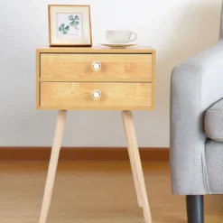 Design Nachttisch Ablagetisch Couchtisch mit Zwei Schubladen Natur