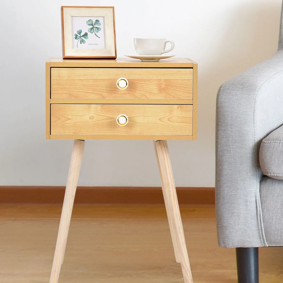 Design Nachttisch Ablagetisch Couchtisch mit Zwei Schubladen Natur