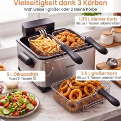 Digitale Fritteuse mit Öl 5 L 1700 W Edelstahl Frittiertopf Pommes mit 3 Körben & 6 Programmen