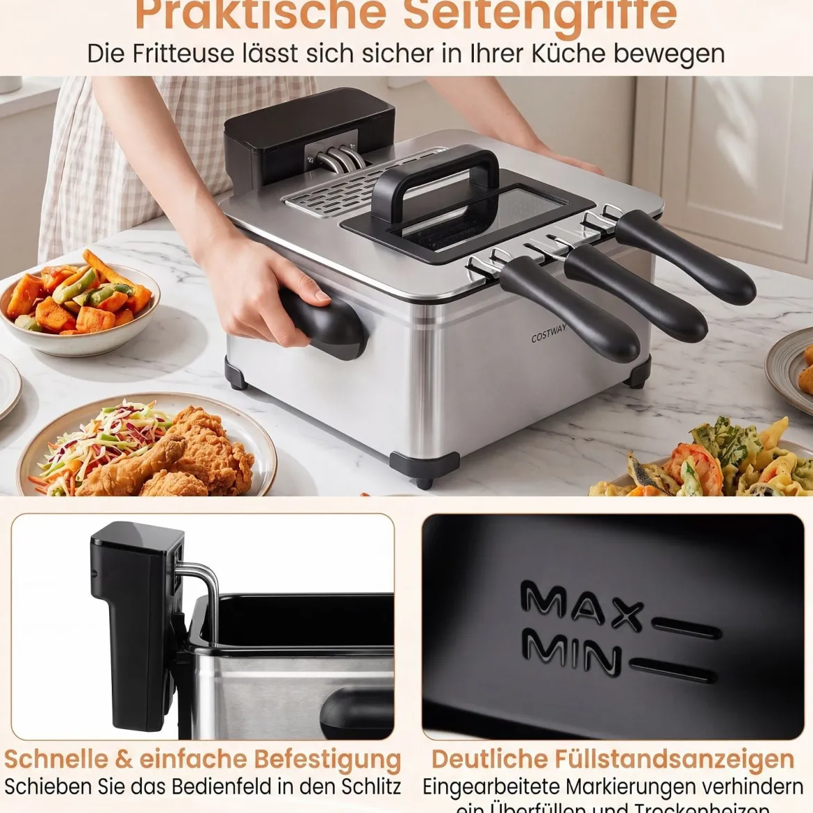 Digitale Fritteuse mit Öl 5 L 1700 W Edelstahl Frittiertopf Pommes mit 3 Körben & 6 Programmen