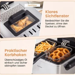 Digitale Fritteuse mit Öl 5 L 1700 W Edelstahl Frittiertopf Pommes mit 3 Körben & 6 Programmen