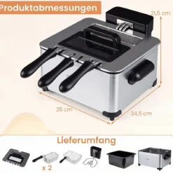 Digitale Fritteuse mit Öl 5 L 1700 W Edelstahl Frittiertopf Pommes mit 3 Körben & 6 Programmen