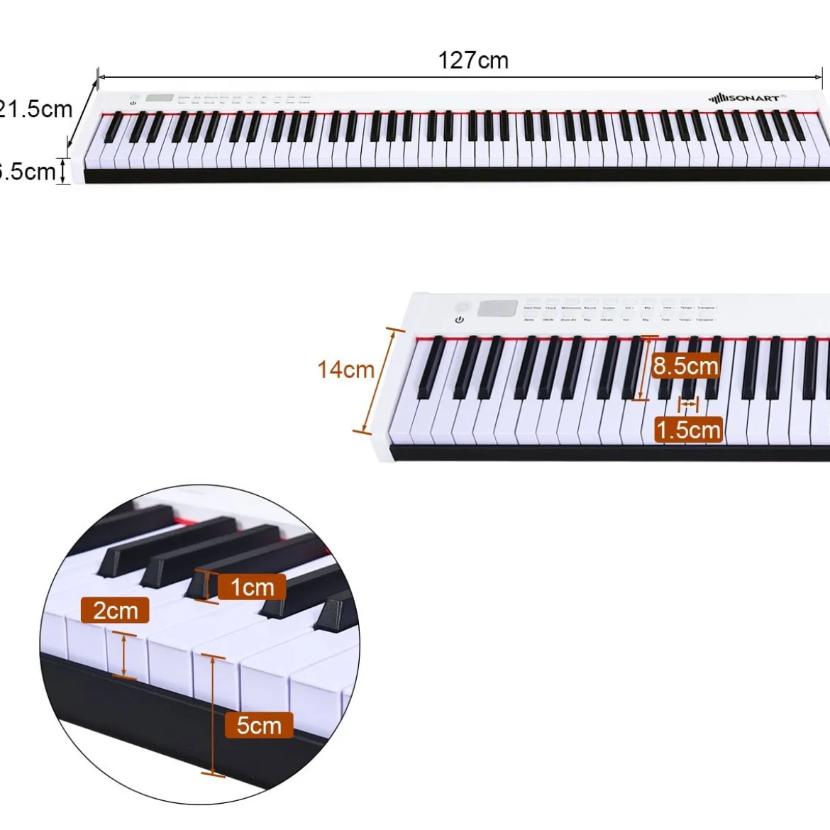 Digitales Klavier mit 88 Tasten tragbares elektronisches Keyboard 127 x 21,5 x 6,5 cm Weiß + Schwarz
