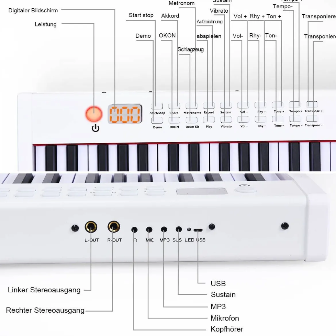 Digitales Klavier mit 88 Tasten tragbares elektronisches Keyboard 127 x 21,5 x 6,5 cm Weiß + Schwarz
