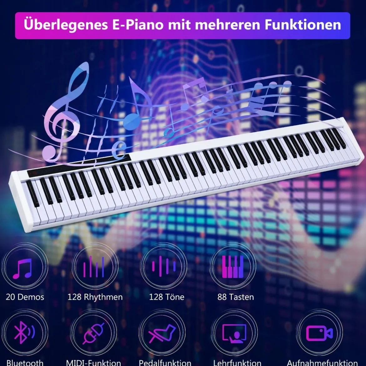 Digitales Piano Keyboard mit 88 Tasten Kinder elektrisches Klavier 126,5 x 18 x 6,5 cm Schwarz + Weiß
