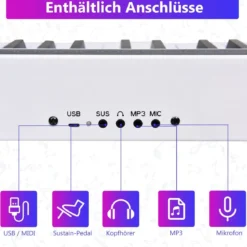 Digitales Piano Keyboard mit 88 Tasten Kinder elektrisches Klavier 126,5 x 18 x 6,5 cm Schwarz + Weiß
