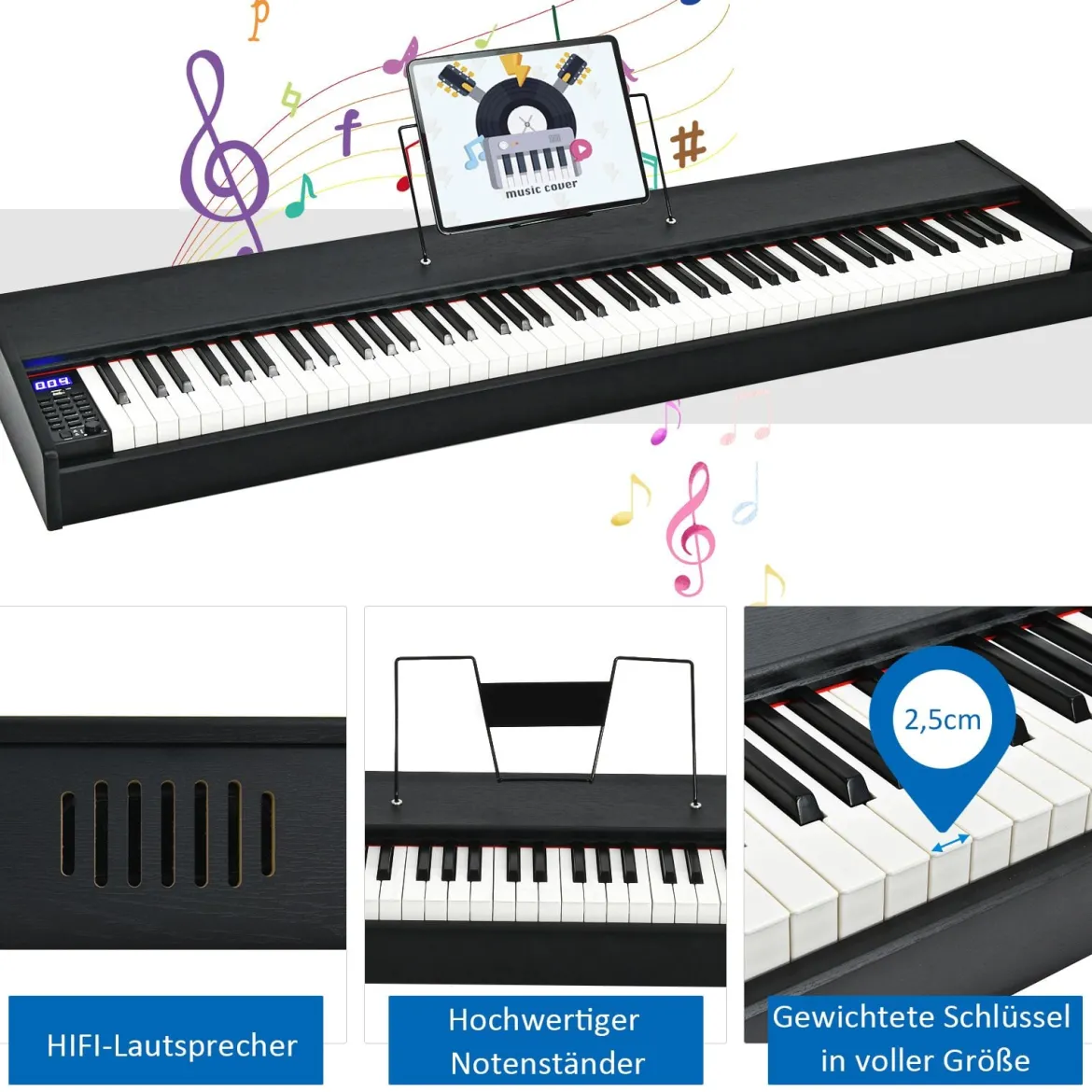 Digitalpiano Klavier Elektrisches Keyboard Klaviertastatur mit Netzteil 135x32,5x10,5CM