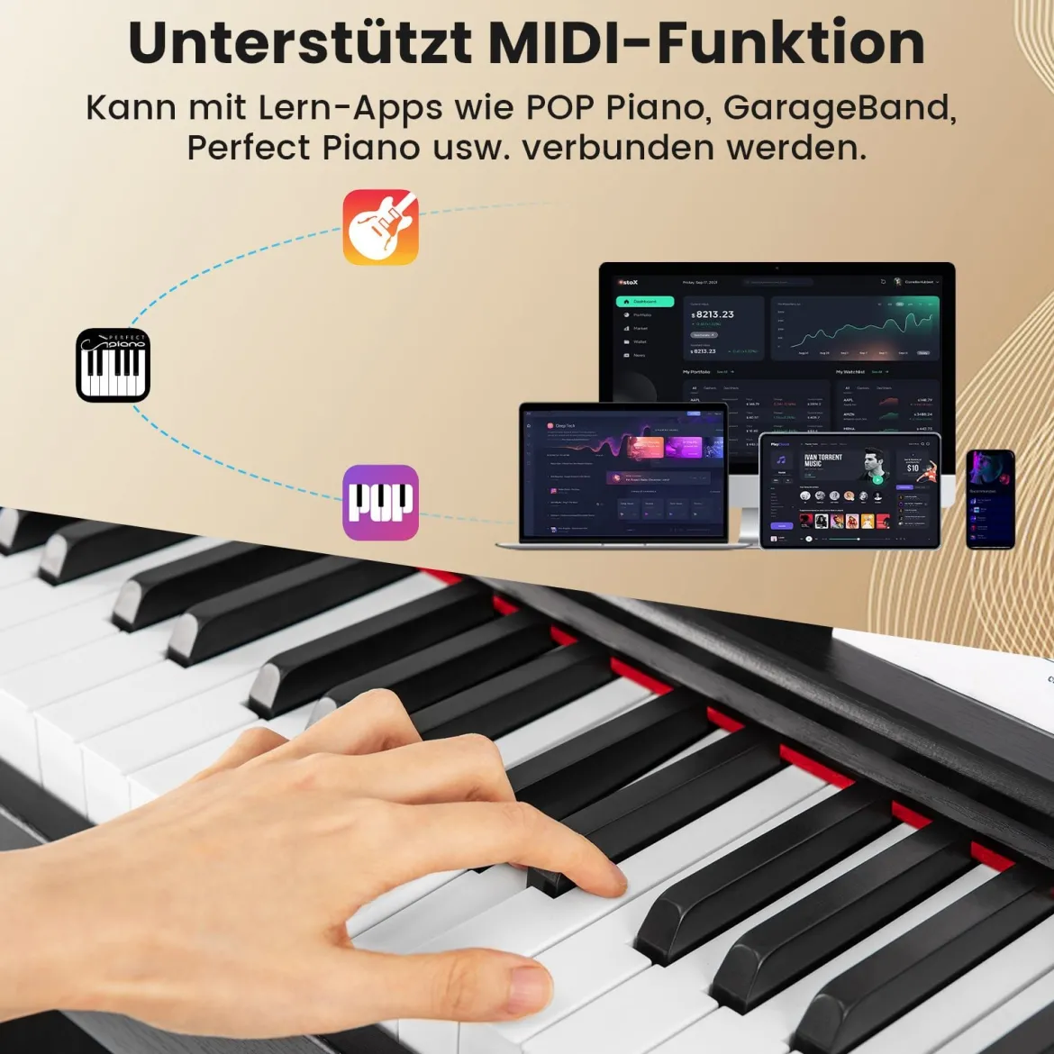 Digital Piano 88-Tasten mit Hammermechanik gewichtete Tastatur E-Piano mit Möbelständer Schwarz