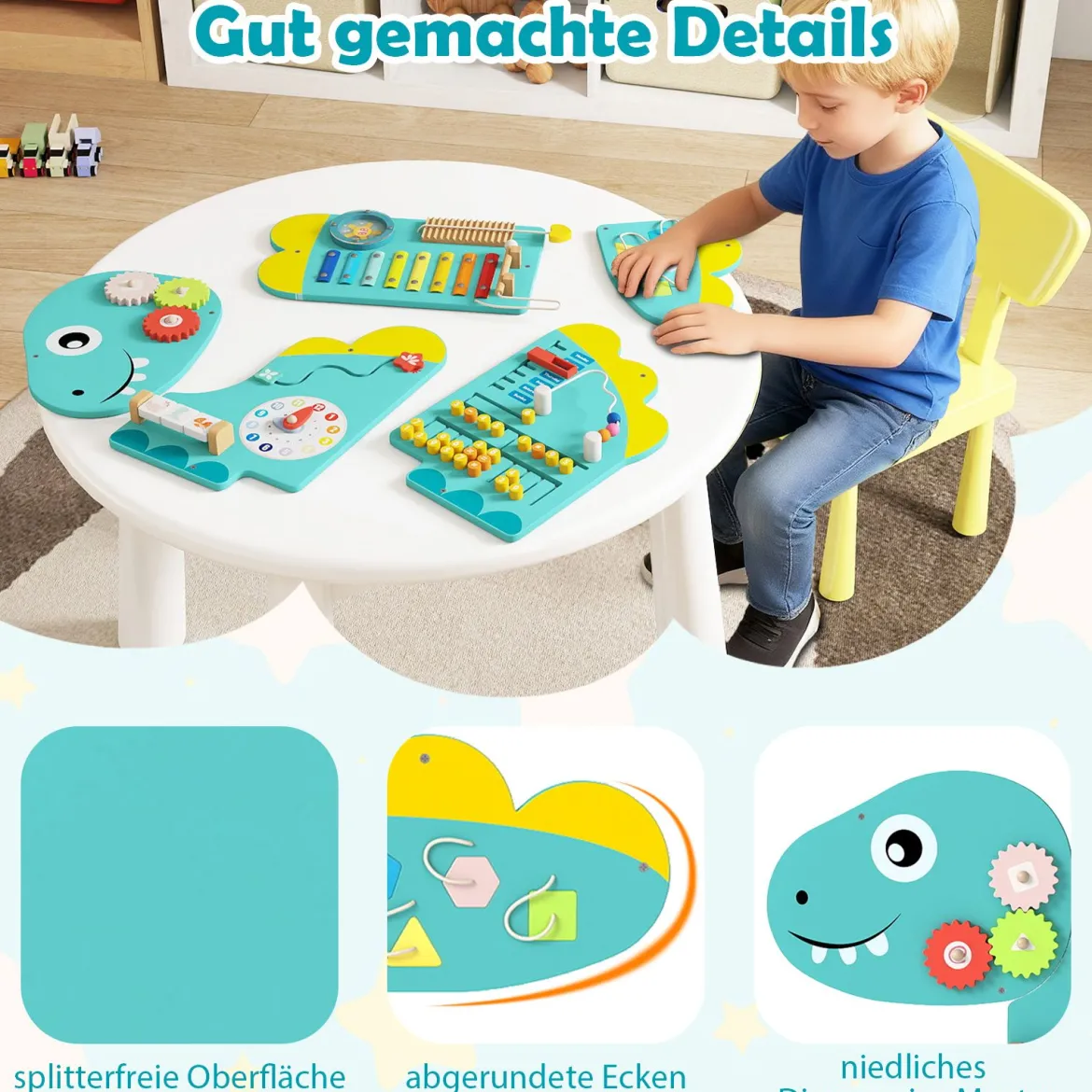 Dinosaurier Aktivitätswand für Kleinkinder 11-in-1 Montessori Holz-Sensorik-Wandspielzeug Grün