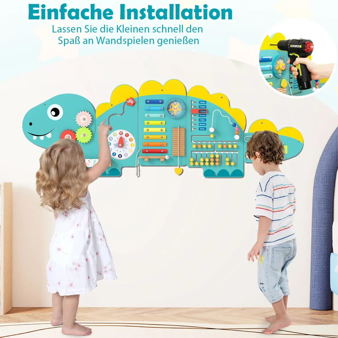 Dinosaurier Aktivitätswand für Kleinkinder 11-in-1 Montessori Holz-Sensorik-Wandspielzeug Grün