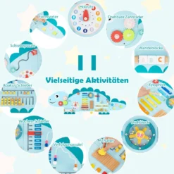 Dinosaurier Aktivitätswand für Kleinkinder 11-in-1 Montessori Holz-Sensorik-Wandspielzeug Blau