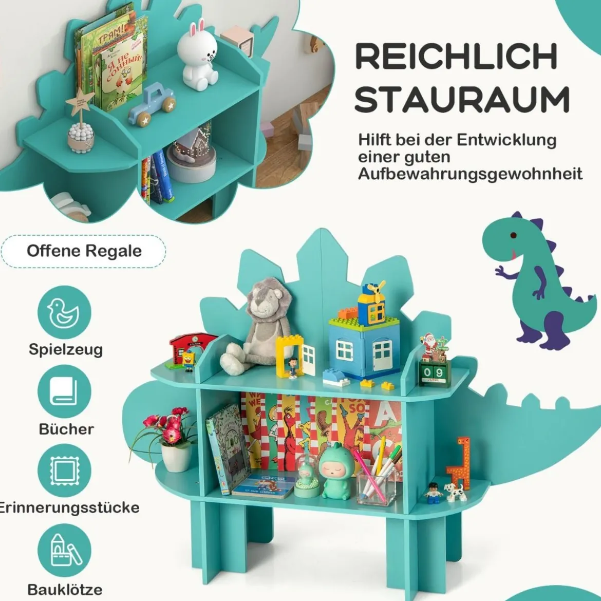 Dinosaurier Bücherregal für Kinder Spielzeug-Aufbewahrungsorganisator mit offenen Regalen