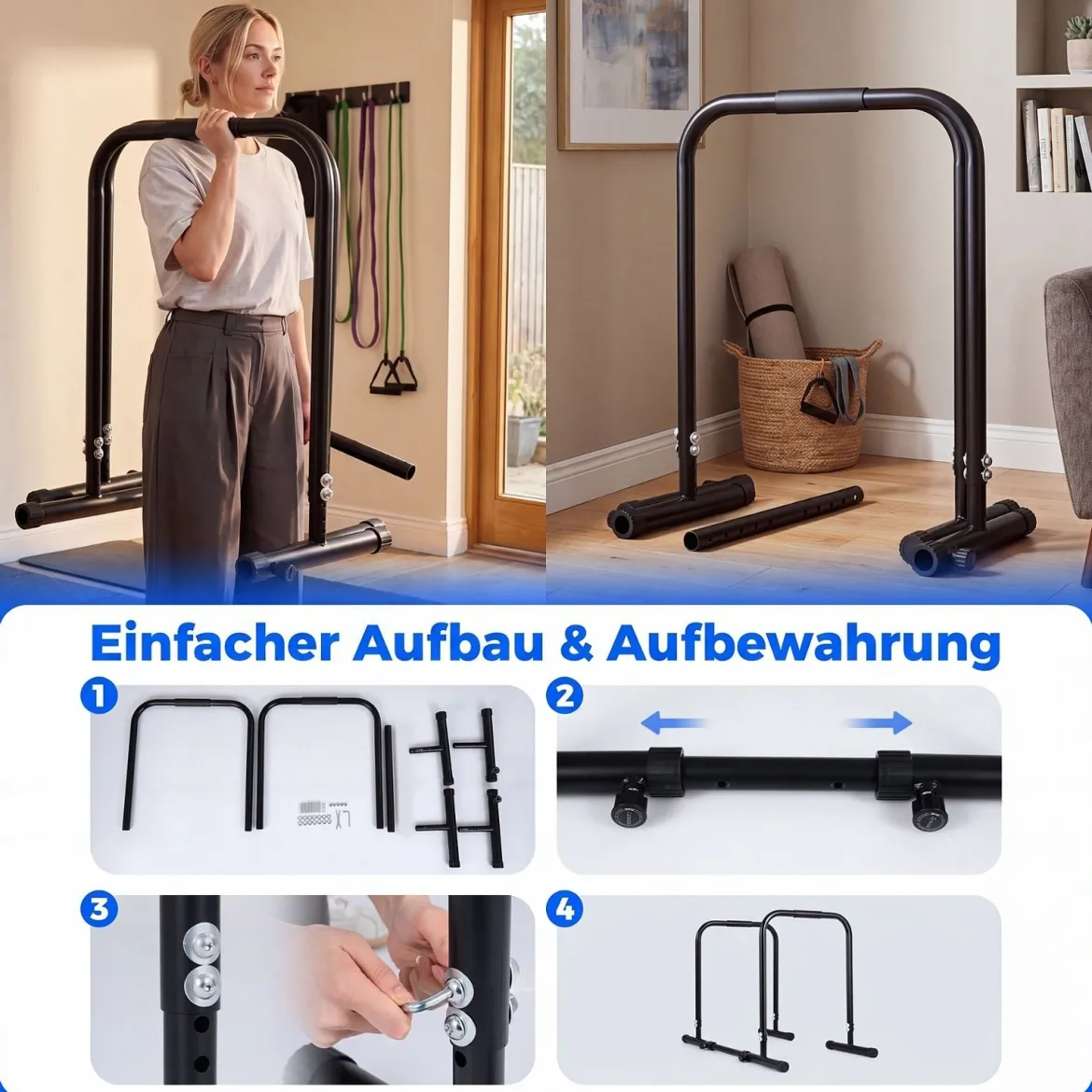Dip Station 4 Höhenstufen & 5Breitenstufen Verstellbar Gesamt bis 300 kg Belastbar Schwarz